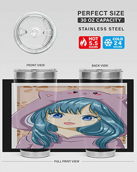 Cute anime tumbler featuring a girl in a cat jacket, designed for hot and cold beverages.
