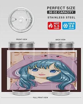 Cute anime tumbler featuring a girl in a cat jacket, designed for hot and cold beverages.