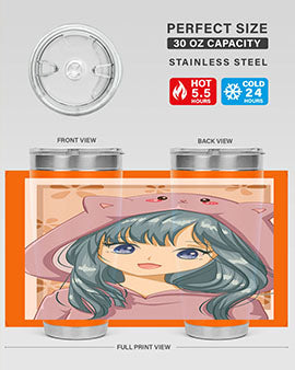 Cute anime tumbler featuring a girl in a cat jacket, designed for hot and cold beverages.