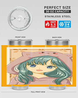 Cute anime tumbler featuring a girl in a cat jacket, designed for hot and cold beverages.