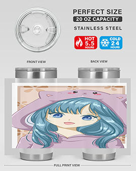 Cute anime tumbler featuring a girl in a cat jacket, designed for hot and cold beverages.