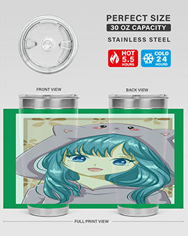 Cute anime tumbler featuring a girl in a cat jacket, designed for hot and cold beverages.