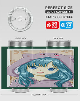 Cute anime tumbler featuring a girl in a cat jacket, designed for hot and cold beverages.