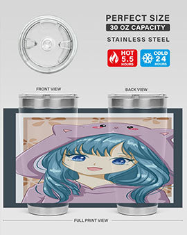 Cute anime tumbler featuring a girl in a cat jacket, designed for hot and cold beverages.