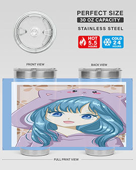Cute anime tumbler featuring a girl in a cat jacket, designed for hot and cold beverages.