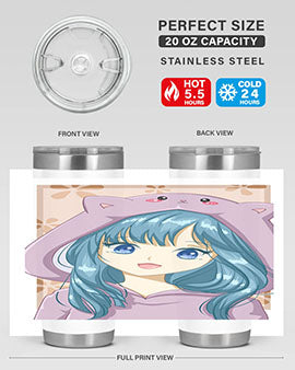 Cute anime tumbler featuring a girl in a cat jacket, designed for hot and cold beverages.