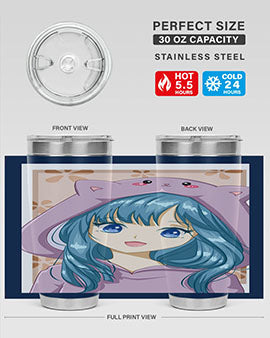 Cute anime tumbler featuring a girl in a cat jacket, designed for hot and cold beverages.