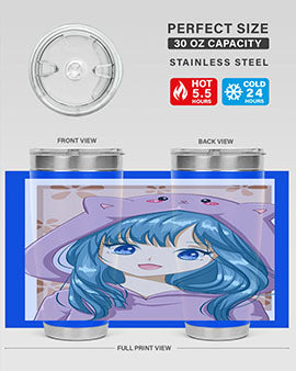 Cute anime tumbler featuring a girl in a cat jacket, designed for hot and cold beverages.