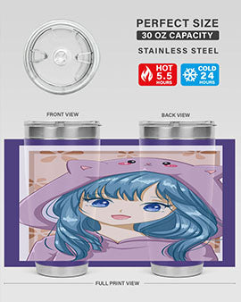 Cute anime tumbler featuring a girl in a cat jacket, designed for hot and cold beverages.