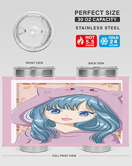 Cute anime tumbler featuring a girl in a cat jacket, designed for hot and cold beverages.