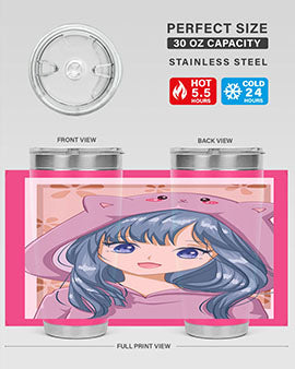 Cute anime tumbler featuring a girl in a cat jacket, designed for hot and cold beverages.
