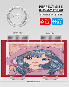Cute anime tumbler featuring a girl in a cat jacket, designed for hot and cold beverages.