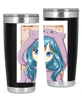 Cute anime tumbler featuring a girl in a cat jacket, designed for hot and cold beverages.