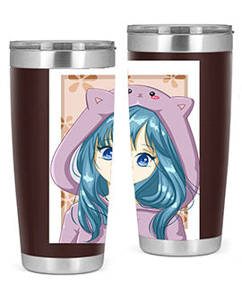 Cute anime tumbler featuring a girl in a cat jacket, designed for hot and cold beverages.