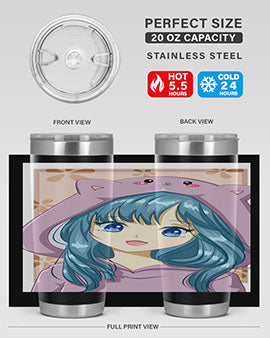 Cute anime tumbler featuring a girl in a cat jacket, designed for hot and cold beverages.