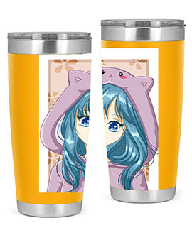 Cute anime tumbler featuring a girl in a cat jacket, designed for hot and cold beverages.