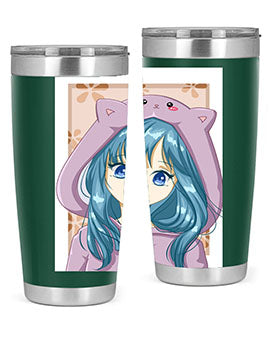 Cute anime tumbler featuring a girl in a cat jacket, designed for hot and cold beverages.