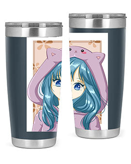 Cute anime tumbler featuring a girl in a cat jacket, designed for hot and cold beverages.