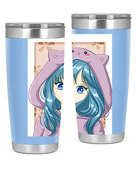 Cute anime tumbler featuring a girl in a cat jacket, designed for hot and cold beverages.