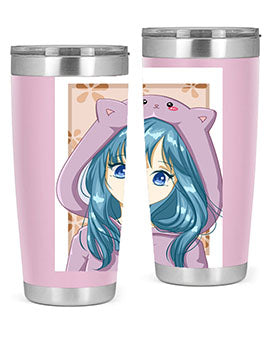 Cute anime tumbler featuring a girl in a cat jacket, designed for hot and cold beverages.