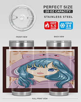 Cute anime tumbler featuring a girl in a cat jacket, designed for hot and cold beverages.