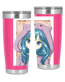 Cute anime tumbler featuring a girl in a cat jacket, designed for hot and cold beverages.