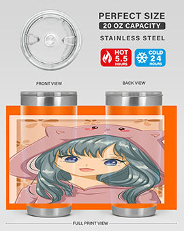 Cute anime tumbler featuring a girl in a cat jacket, designed for hot and cold beverages.