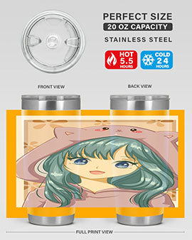 Cute anime tumbler featuring a girl in a cat jacket, designed for hot and cold beverages.