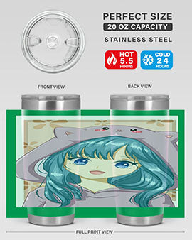 Cute anime tumbler featuring a girl in a cat jacket, designed for hot and cold beverages.