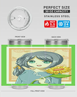 A cute anime girl holding a sunflower, featured on a stylish stainless steel tumbler, perfect for summer drinks.