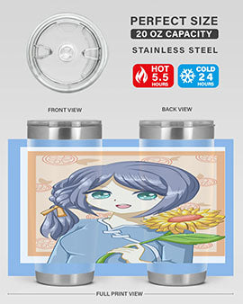 A cute anime girl holding a sunflower, featured on a stylish stainless steel tumbler, perfect for summer drinks.