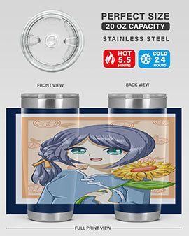 A cute anime girl holding a sunflower, featured on a stylish stainless steel tumbler, perfect for summer drinks.