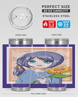 A cute anime girl holding a sunflower, featured on a stylish stainless steel tumbler, perfect for summer drinks.