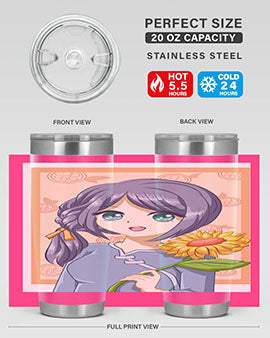 A cute anime girl holding a sunflower, featured on a stylish stainless steel tumbler, perfect for summer drinks.