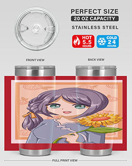 A cute anime girl holding a sunflower, featured on a stylish stainless steel tumbler, perfect for summer drinks.