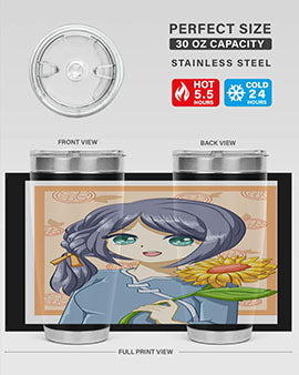 A cute anime girl holding a sunflower, featured on a stylish stainless steel tumbler, perfect for summer drinks.
