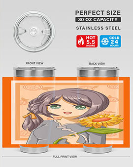 A cute anime girl holding a sunflower, featured on a stylish stainless steel tumbler, perfect for summer drinks.