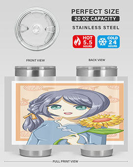 A cute anime girl holding a sunflower, featured on a stylish stainless steel tumbler, perfect for summer drinks.