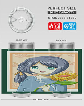 A cute anime girl holding a sunflower, featured on a stylish stainless steel tumbler, perfect for summer drinks.
