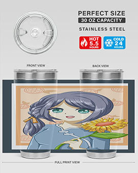 A cute anime girl holding a sunflower, featured on a stylish stainless steel tumbler, perfect for summer drinks.
