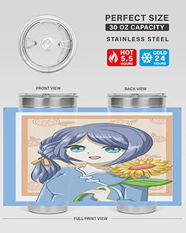 A cute anime girl holding a sunflower, featured on a stylish stainless steel tumbler, perfect for summer drinks.