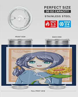 A cute anime girl holding a sunflower, featured on a stylish stainless steel tumbler, perfect for summer drinks.