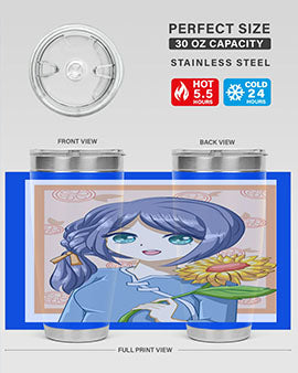 A cute anime girl holding a sunflower, featured on a stylish stainless steel tumbler, perfect for summer drinks.