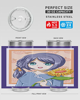 A cute anime girl holding a sunflower, featured on a stylish stainless steel tumbler, perfect for summer drinks.