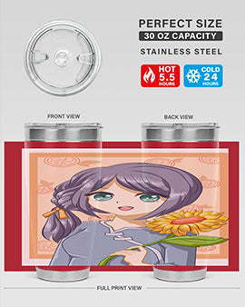 A cute anime girl holding a sunflower, featured on a stylish stainless steel tumbler, perfect for summer drinks.
