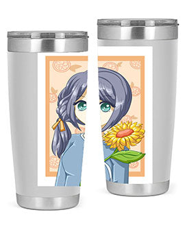 A cute anime girl holding a sunflower, featured on a stylish stainless steel tumbler, perfect for summer drinks.