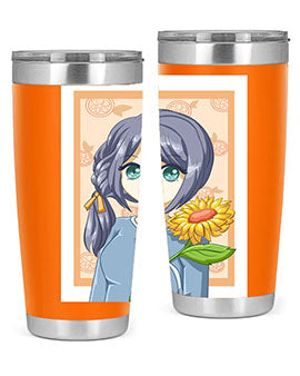 A cute anime girl holding a sunflower, featured on a stylish stainless steel tumbler, perfect for summer drinks.