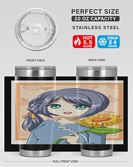 A cute anime girl holding a sunflower, featured on a stylish stainless steel tumbler, perfect for summer drinks.