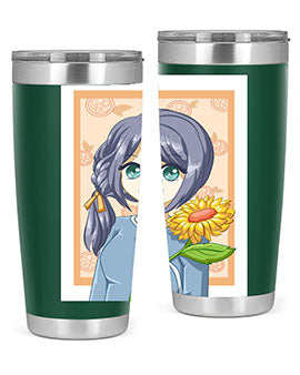A cute anime girl holding a sunflower, featured on a stylish stainless steel tumbler, perfect for summer drinks.