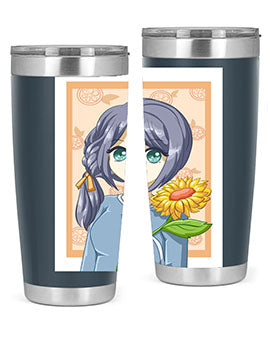 A cute anime girl holding a sunflower, featured on a stylish stainless steel tumbler, perfect for summer drinks.